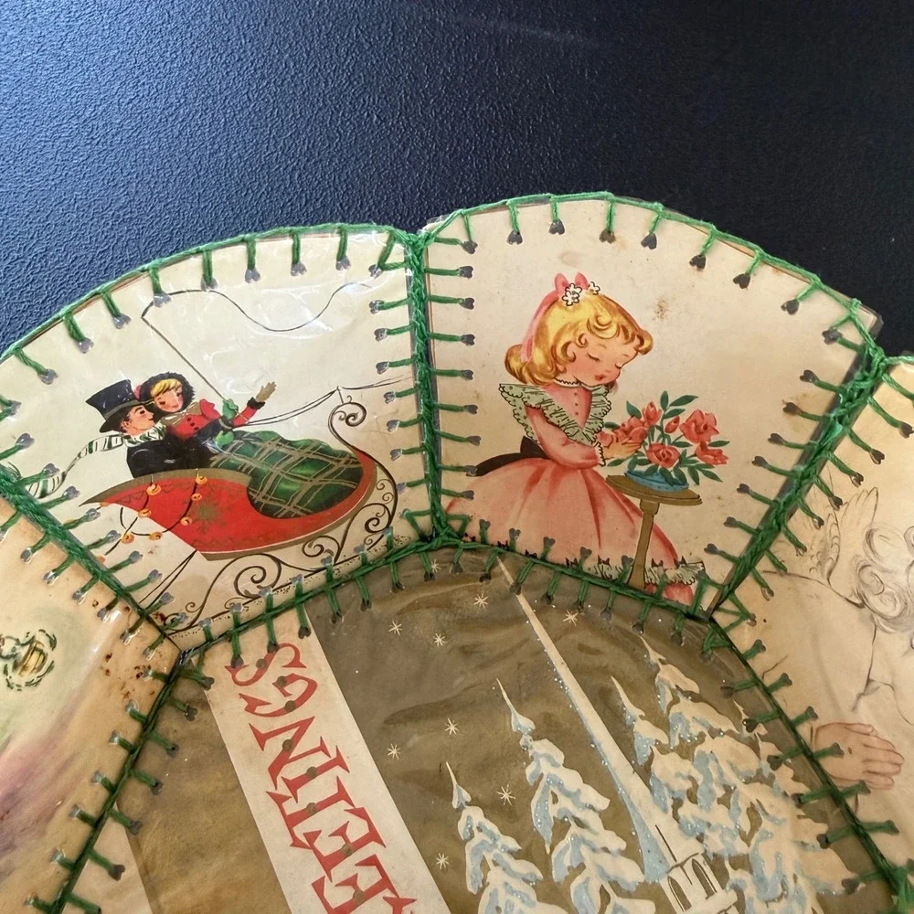 Vtg Homemade Christmas Card Bowl Green Handmade Mid Century Santa